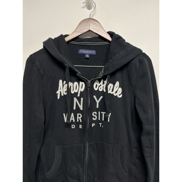 Y2K Style Aeropostale Hoodie Large Logo Sweatshirt Black Embroidered Preppy - Picture 2 of 6